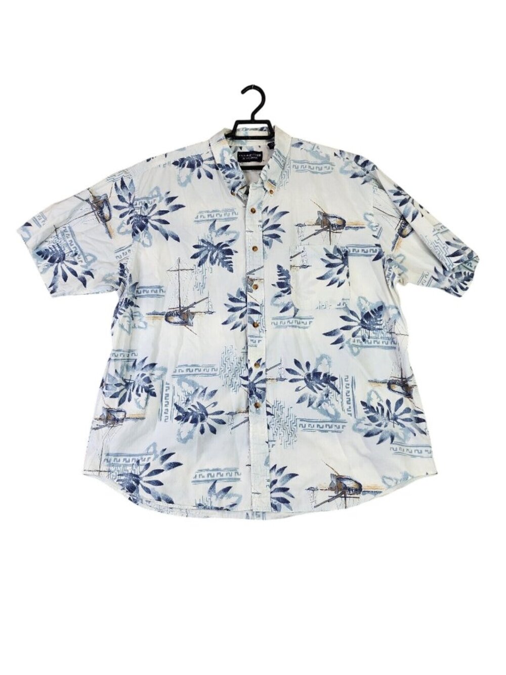 Mens Round Tree & Yorke Blue & White Hawaiian Button Up Shirt Short Sleeve XXL